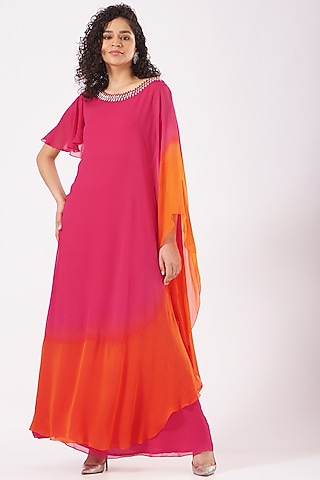 Fuchsia & Orange Ombre Embroidered Draped Gown by Nidhika Shekhar