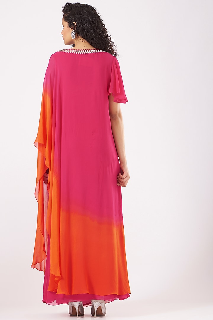Fuchsia & Orange Ombre Embroidered Draped Party Wear Gown by Nidhika Shekhar at Pernia's Pop Up Shop