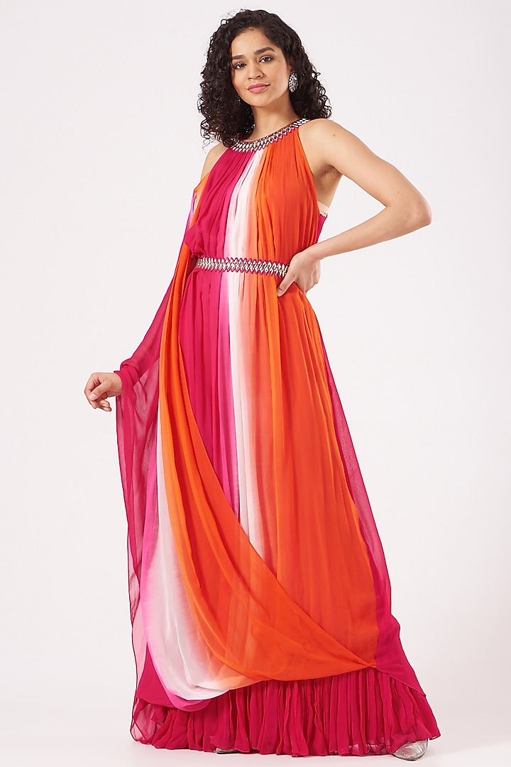 Fuchsia & Orange Ombre Draped Gown by Nidhika Shekhar