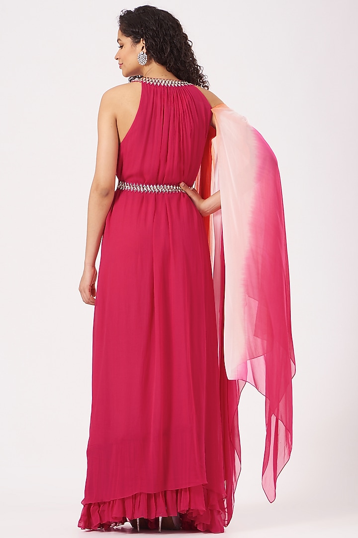 Fuchsia & Orange Ombre Draped Party Wear Gown by Nidhika Shekhar at Pernia's Pop Up Shop