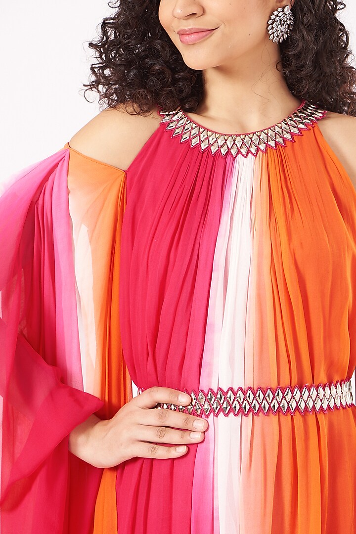 Fuchsia & Orange Ombre Draped Party Wear Gown by Nidhika Shekhar at Pernia's Pop Up Shop