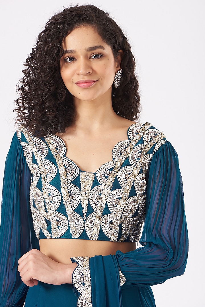 Teal Blue Hand Embroidered Fish-Cut Wedding Saree Set by Nidhika Shekhar at Pernia's Pop Up Shop