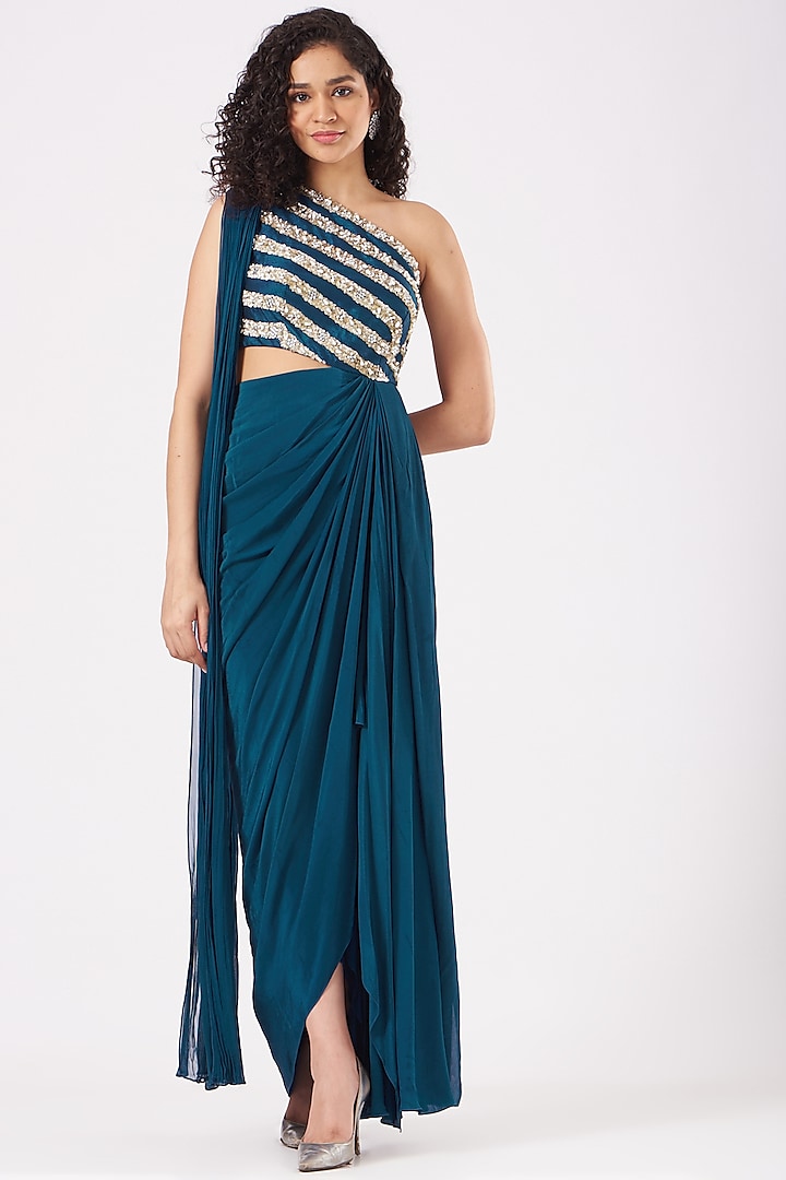 Teal Blue One-Shoulder Gown With Attached Stole by Nidhika Shekhar