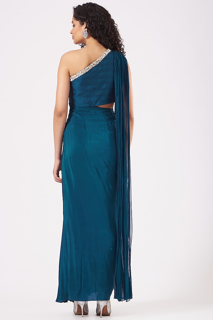 Teal Blue One-Shoulder Party Wear Gown With Attached Stole by Nidhika Shekhar at Pernia's Pop Up Shop