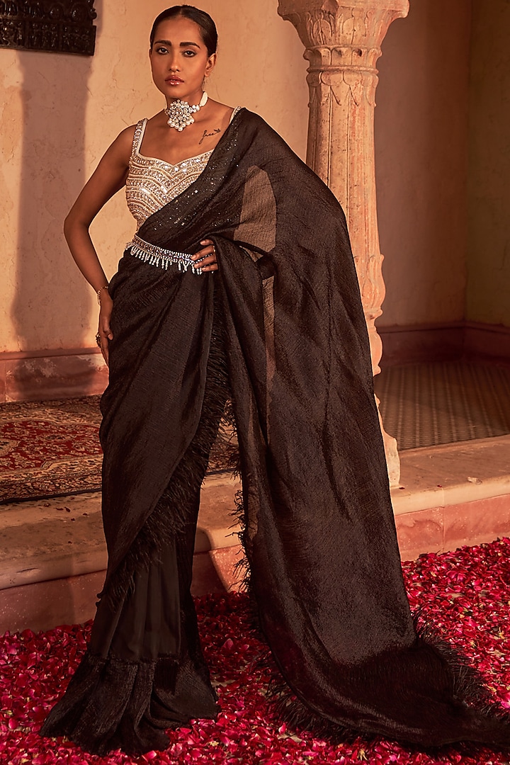 Black Silk Draped Saree Set by Nidhika Shekhar