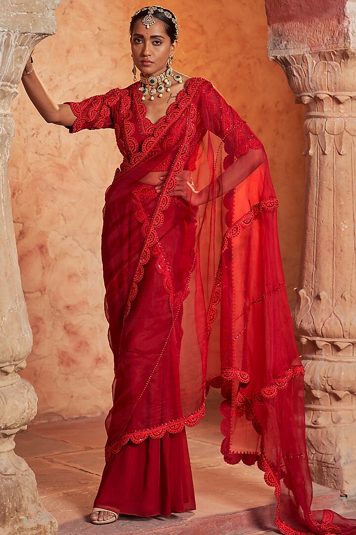 Red Organza & Crepe Embroidered Draped Saree Set by Nidhika Shekhar
