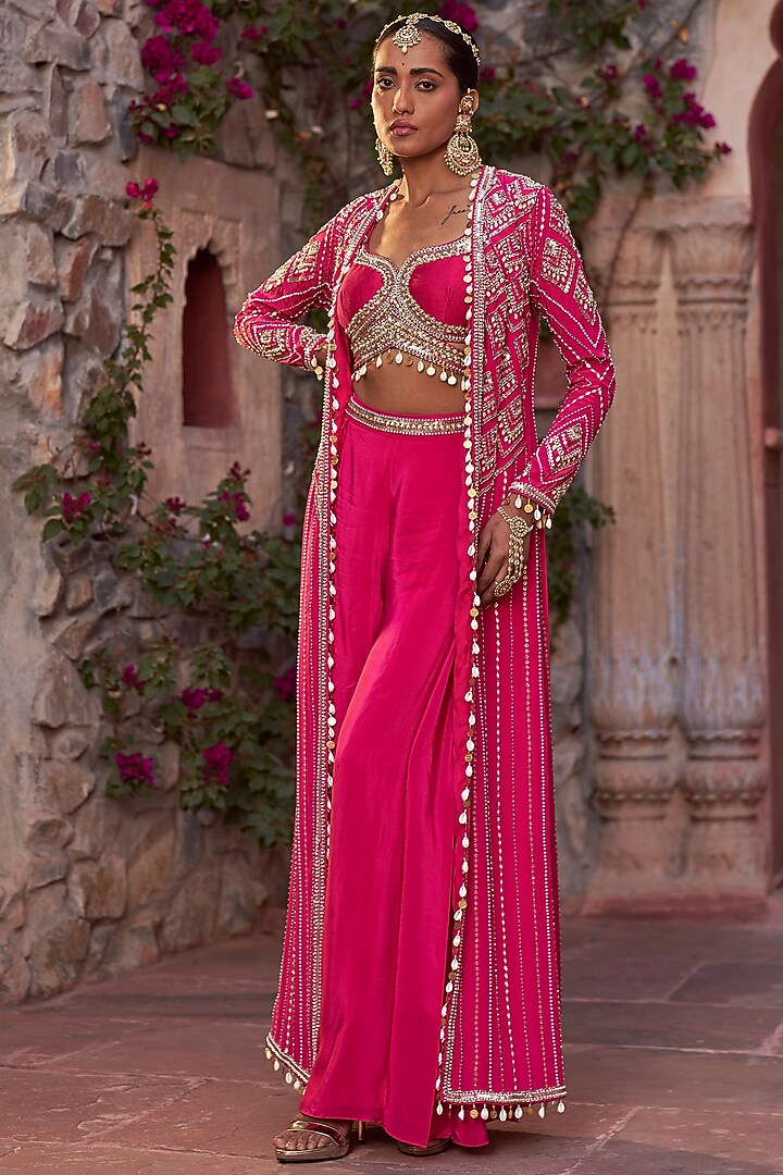 Hot Pink Crepe Wedding Sharara Set by Nidhika Shekhar at Pernia's Pop Up Shop