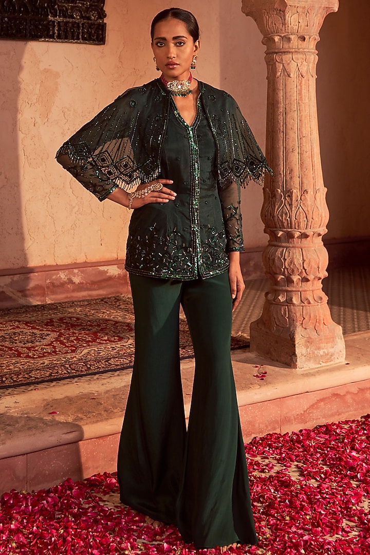 Bottle Green Crepe Wedding Sharara Set by Nidhika Shekhar at Pernia's Pop Up Shop