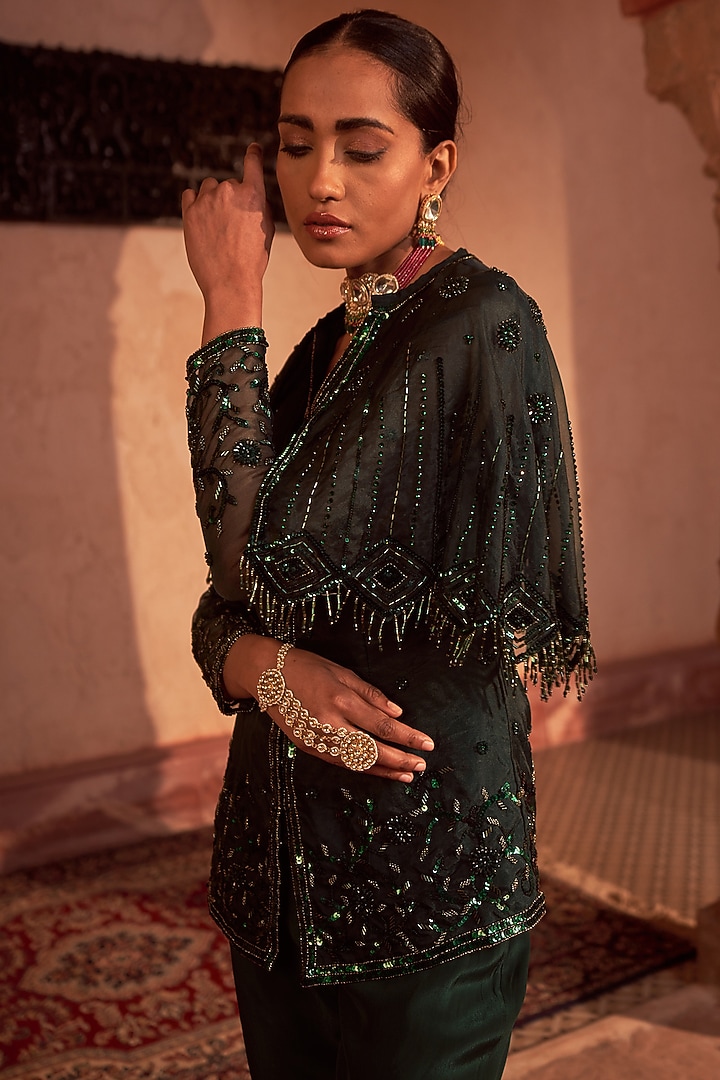 Bottle Green Crepe Wedding Sharara Set by Nidhika Shekhar at Pernia's Pop Up Shop
