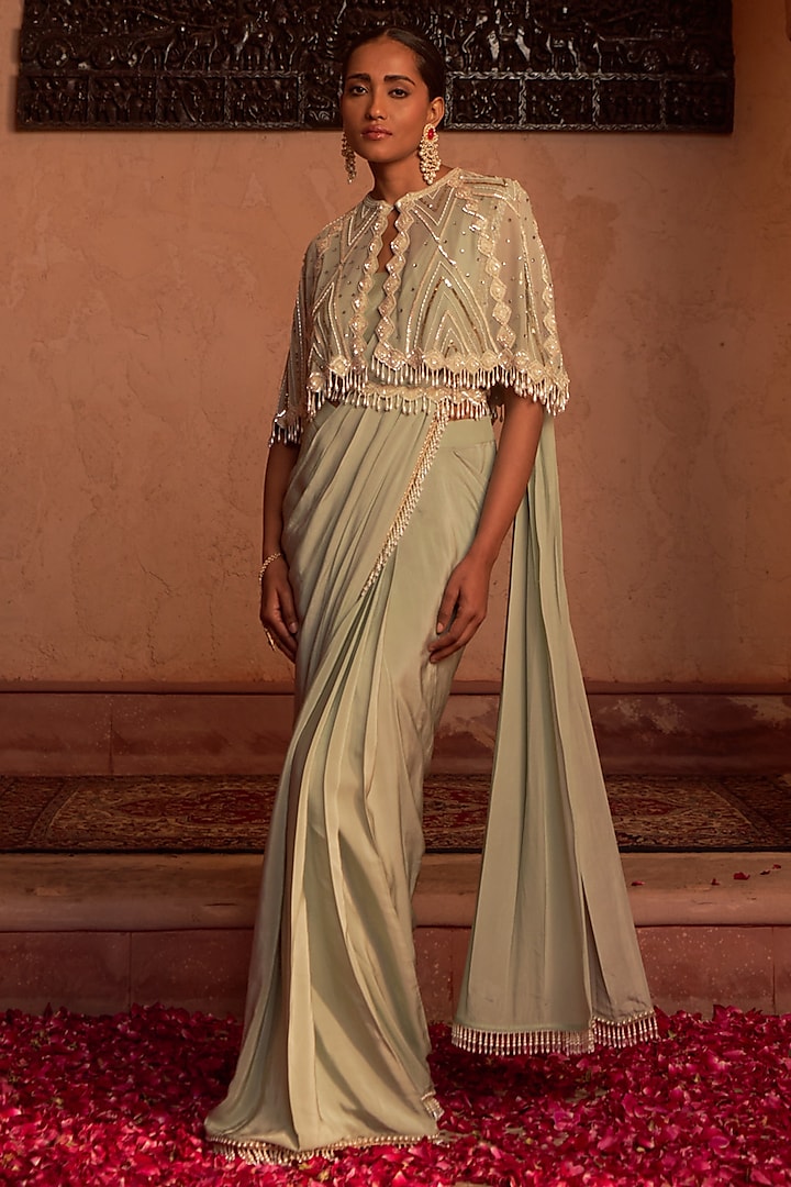 Sap Green Crepe & Georgette Bead Embroidered Draped Jacket Saree Set by Nidhika Shekhar at Pernia's Pop Up Shop