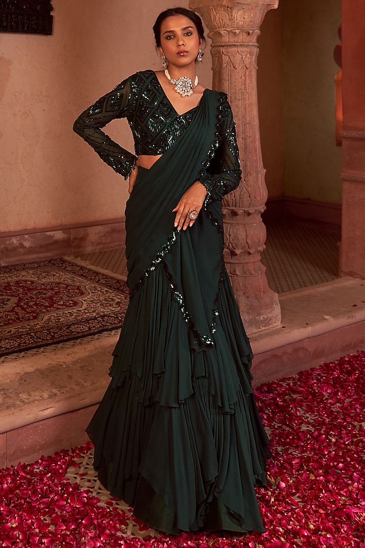 Bottle Green Georgette Embroidered Draped Saree Set by Nidhika Shekhar at Pernia's Pop Up Shop