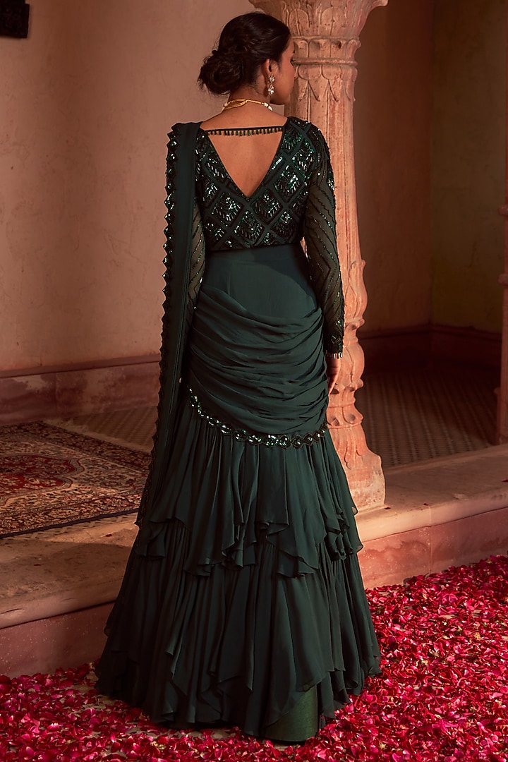 Bottle Green Georgette Embroidered Draped Wedding Saree Set by Nidhika Shekhar at Pernia's Pop Up Shop