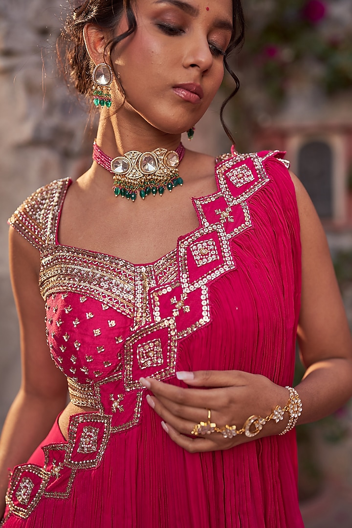 Fuchsia Pink Crinkle Georgette Hand Embroidered Pre-Draped Wedding Saree Set by Nidhika Shekhar at Pernia's Pop Up Shop
