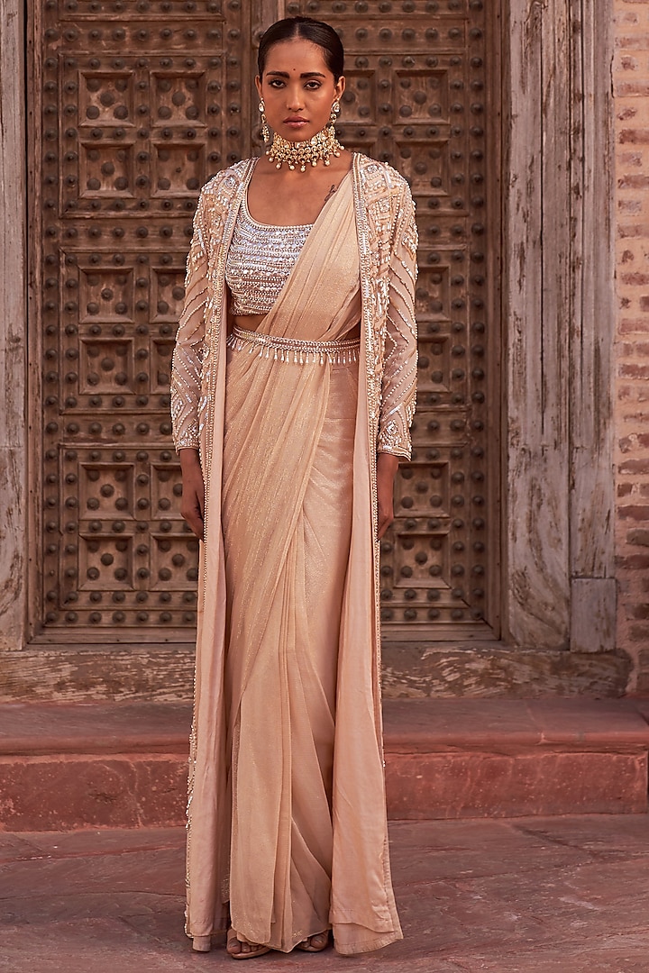 Champagne Crepe & Georgette Embroidered Jacket Saree Set Design by Nidhika  Shekhar at Pernia's Pop Up Shop 2024