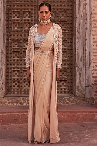 Champgne Foil Georgette Draped Jacket Saree Set by Nidhika Shekhar