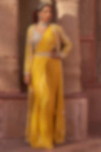 Yellow Foil Georgette Draped Jacket Saree Set by Nidhika Shekhar
