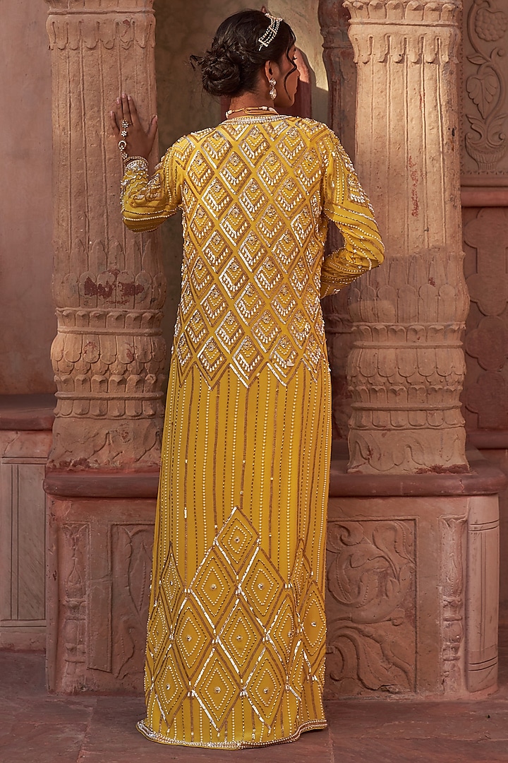 Yellow Foil Georgette Draped Jacket Wedding Saree Set by Nidhika Shekhar at Pernia's Pop Up Shop