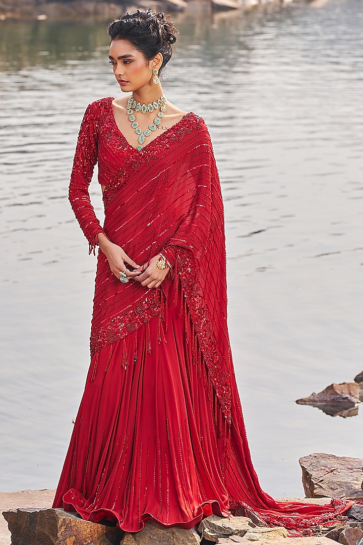 Red Crepe Sequins Embellished Draped Saree Set by Nidhika Shekhar