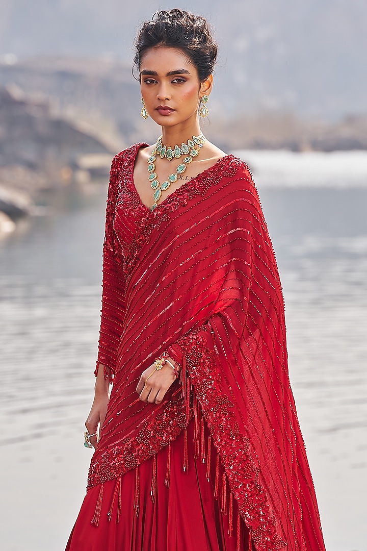 Red Crepe Sequins Embellished Draped Reception Saree Set by Nidhika Shekhar at Pernia's Pop Up Shop