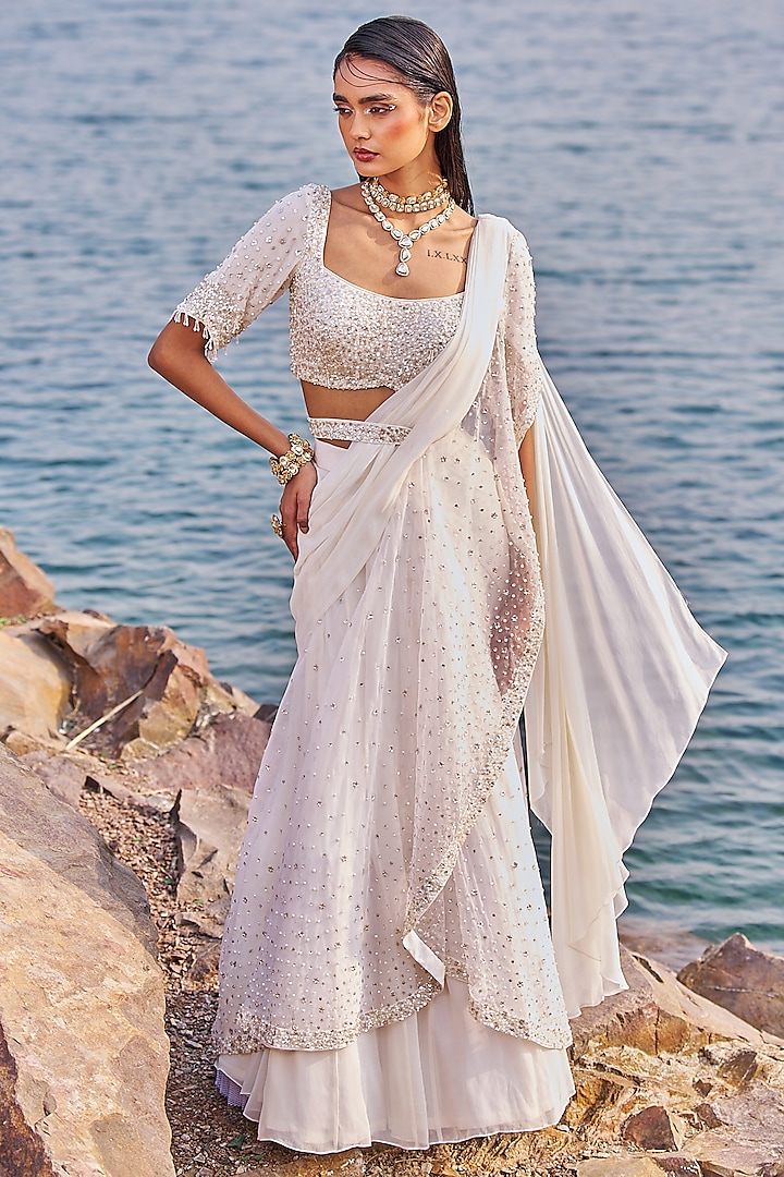 Ivory Organza & Georgette Sequins Embroidered Ruffled Draped Saree Set by Nidhika Shekhar