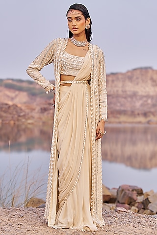 Golden Georgette Sequins Embroidered Jacket Saree Set by Nidhika Shekhar