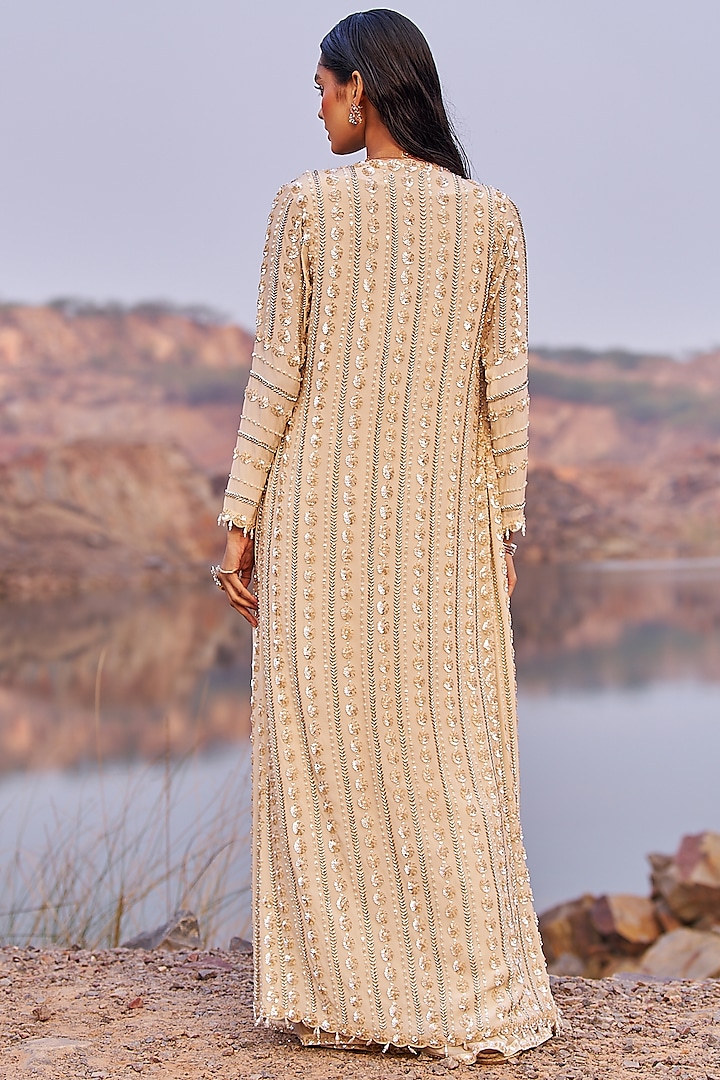 Golden Georgette Sequins Embroidered Jacket Wedding Saree Set by Nidhika Shekhar at Pernia's Pop Up Shop