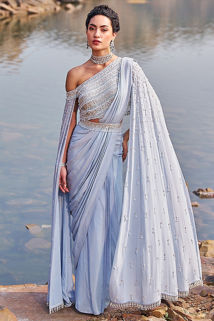 Aqua Crepe Sequins Embroidered Draped Saree Set by Nidhika Shekhar at Pernia's Pop Up Shop