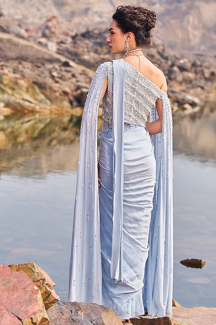 Aqua Crepe Sequins Embroidered Draped Wedding Saree Set by Nidhika Shekhar at Pernia's Pop Up Shop