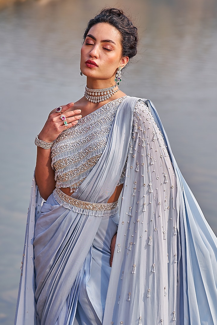 Aqua Crepe Sequins Embroidered Draped Wedding Saree Set by Nidhika Shekhar at Pernia's Pop Up Shop