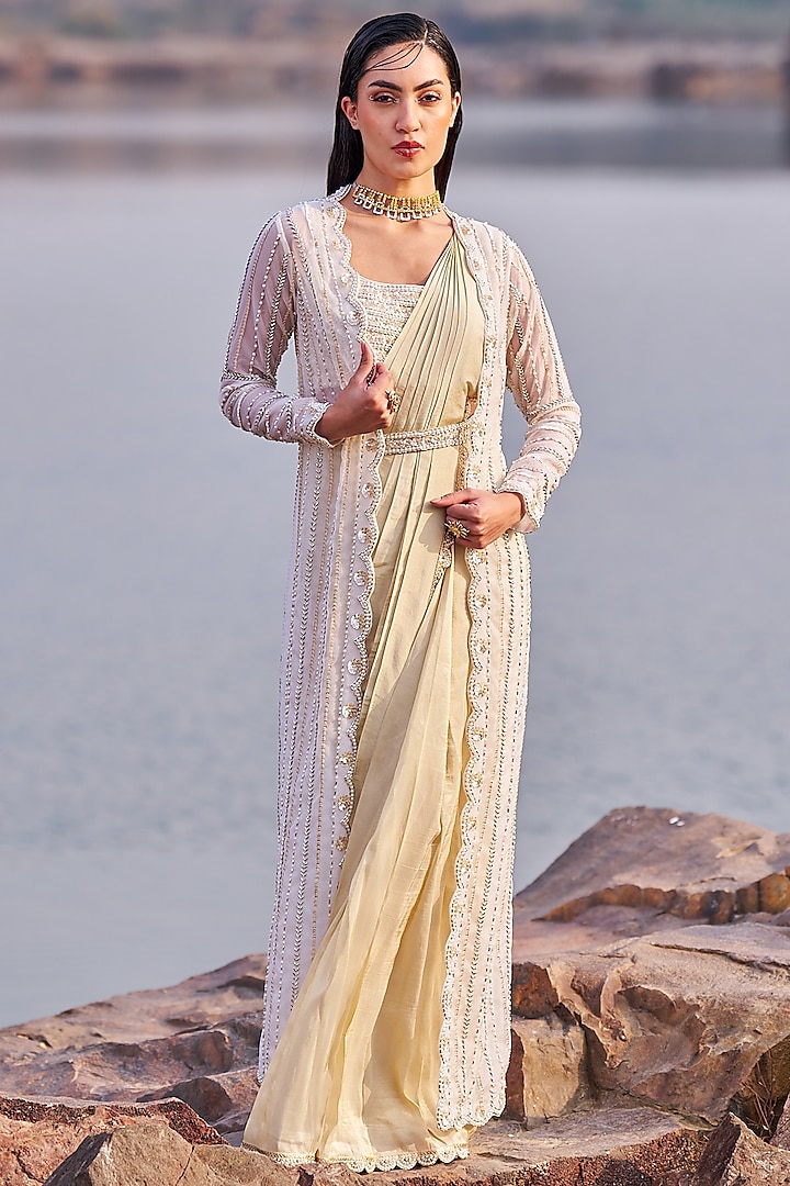 Ivory-Gold Zari Georgette Sequins Embroidered Jacket Wedding Saree Set by Nidhika Shekhar at Pernia's Pop Up Shop