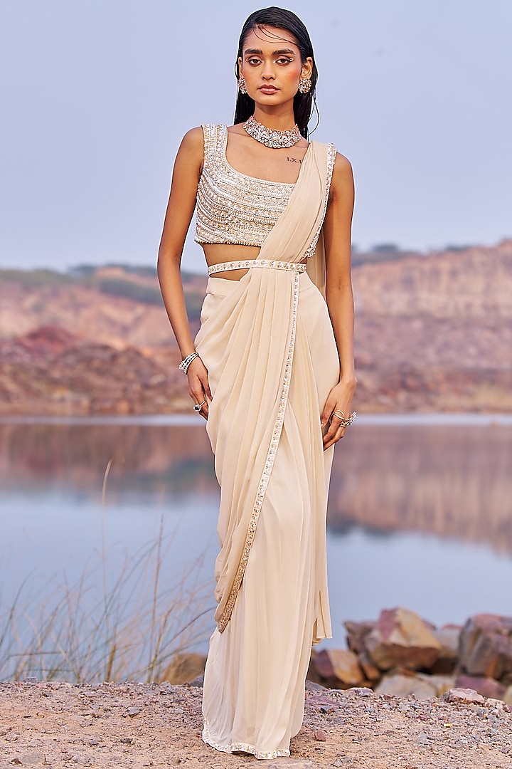 Golden Georgette Sequins Embroidered Draped Saree Set by Nidhika Shekhar