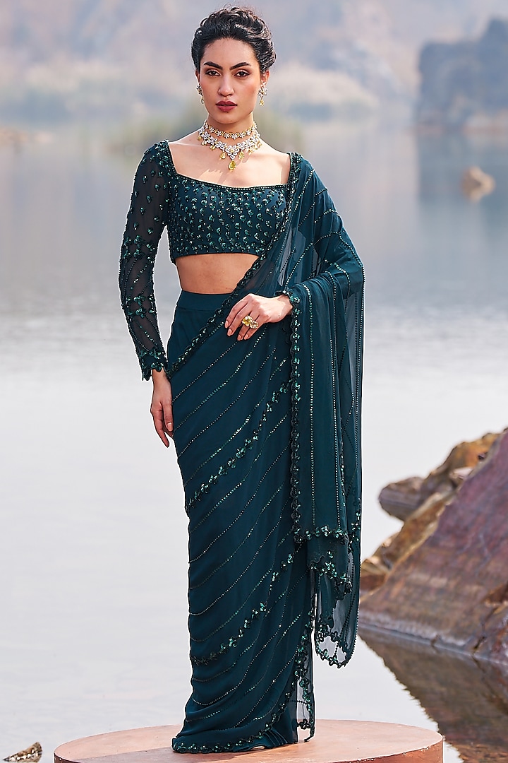 Bottle Green Georgette Sequins Embroidered Draped Wedding Saree Set by Nidhika Shekhar at Pernia's Pop Up Shop