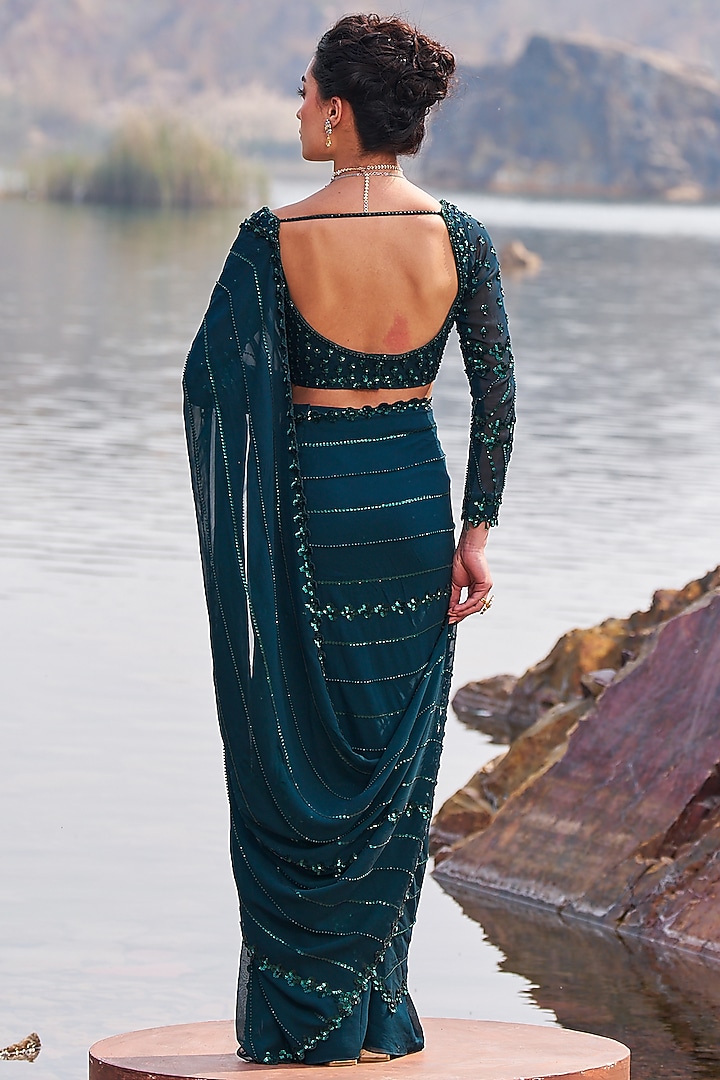 Bottle Green Georgette Sequins Embroidered Draped Wedding Saree Set by Nidhika Shekhar at Pernia's Pop Up Shop
