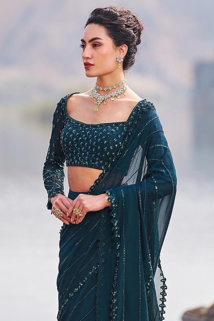 Bottle Green Georgette Sequins Embroidered Draped Wedding Saree Set by Nidhika Shekhar at Pernia's Pop Up Shop