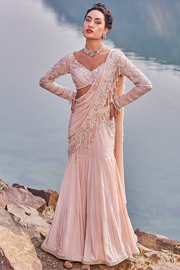 Baby Pink Crepe Sequins Embellished Draped Saree Set by Nidhika Shekhar