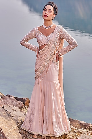 Baby Pink Crepe Sequins Embellished Draped Saree Set by Nidhika Shekhar