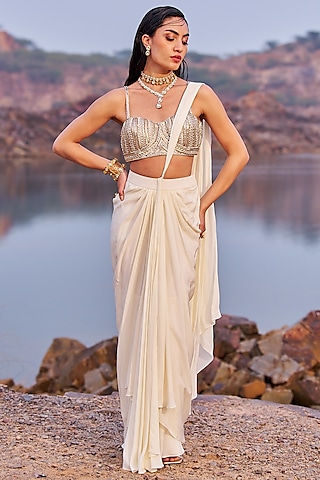 Golden Crepe Draped Saree Set by Nidhika Shekhar