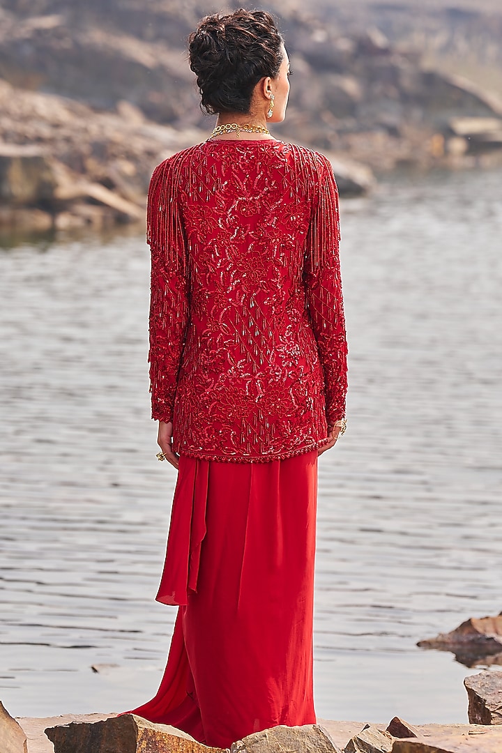 Red Crepe Sequins Embroidered Jacket Draped Wedding Saree Set by Nidhika Shekhar at Pernia's Pop Up Shop