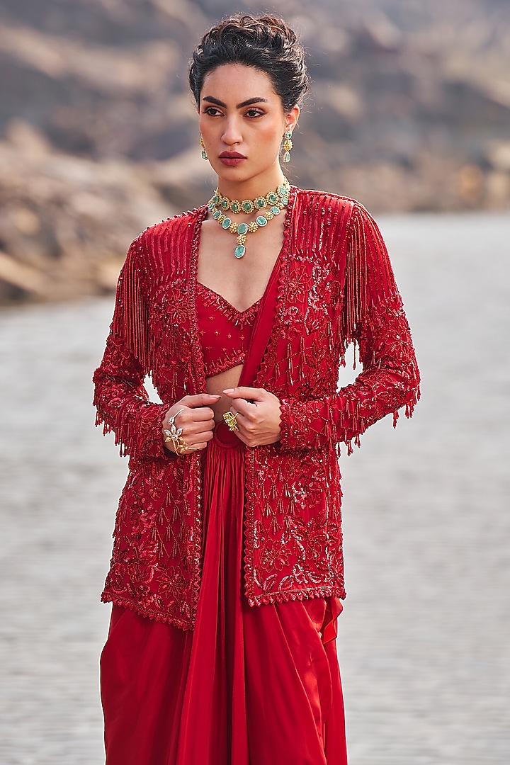 Red Crepe Sequins Embroidered Jacket Draped Wedding Saree Set by Nidhika Shekhar at Pernia's Pop Up Shop