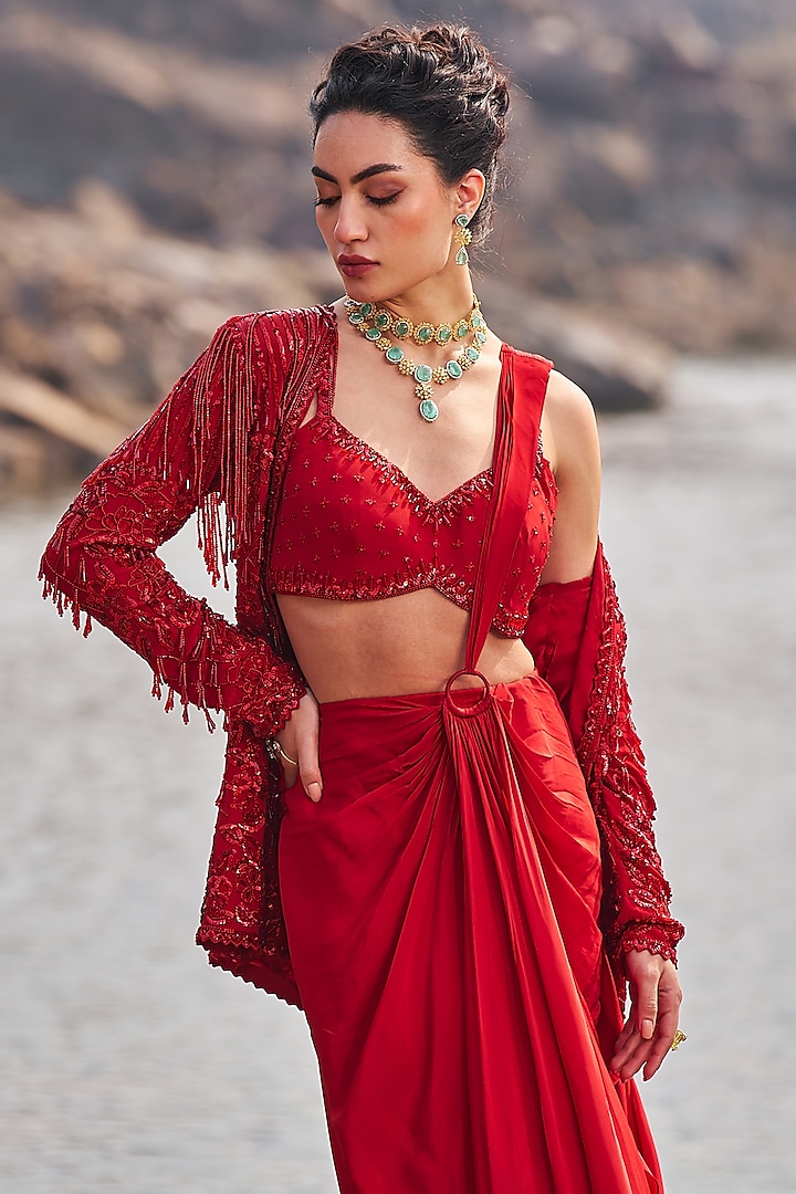 Red Crepe Sequins Embroidered Jacket Draped Wedding Saree Set by Nidhika Shekhar at Pernia's Pop Up Shop