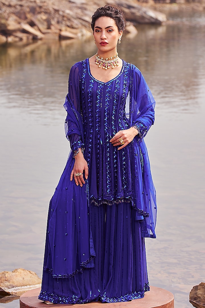 Ink Blue Georgette Sequins Embroidered Wedding Sharara Set by Nidhika Shekhar at Pernia's Pop Up Shop