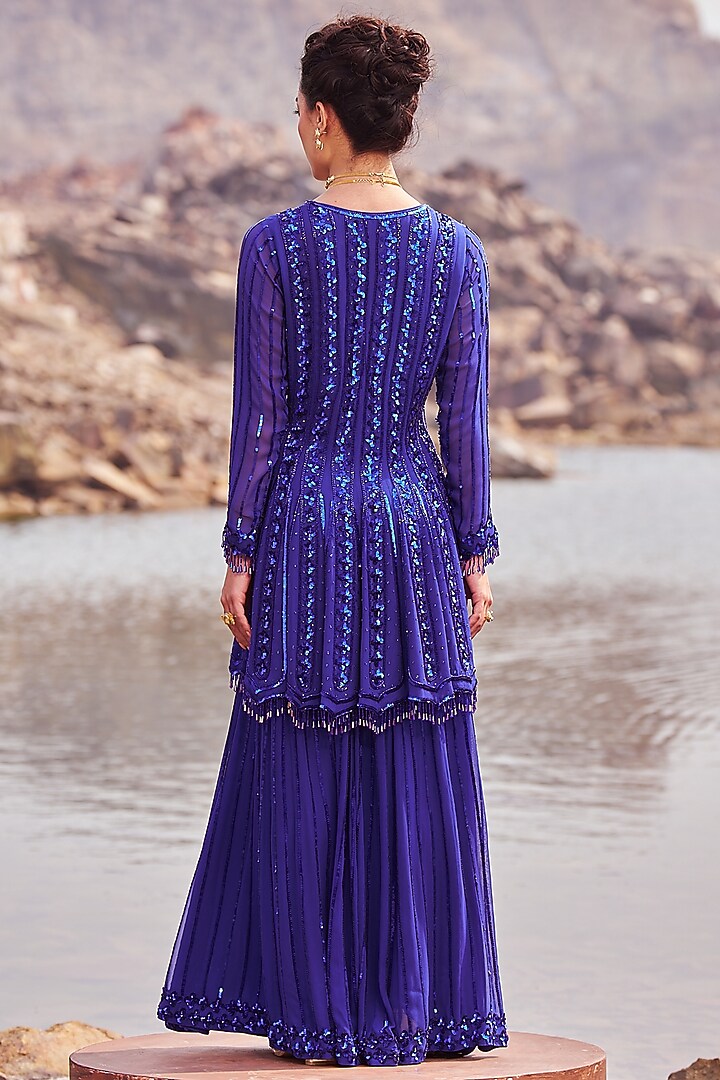 Ink Blue Georgette Sequins Embroidered Wedding Sharara Set by Nidhika Shekhar at Pernia's Pop Up Shop