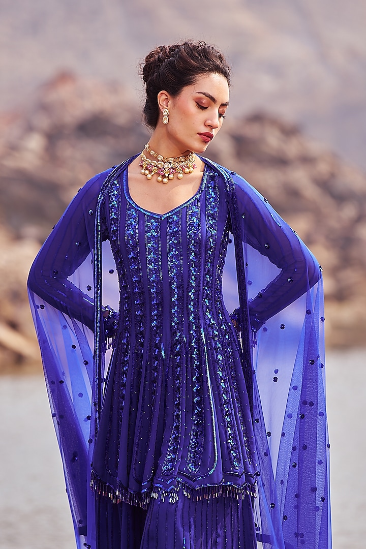 Ink Blue Georgette Sequins Embroidered Wedding Sharara Set by Nidhika Shekhar at Pernia's Pop Up Shop