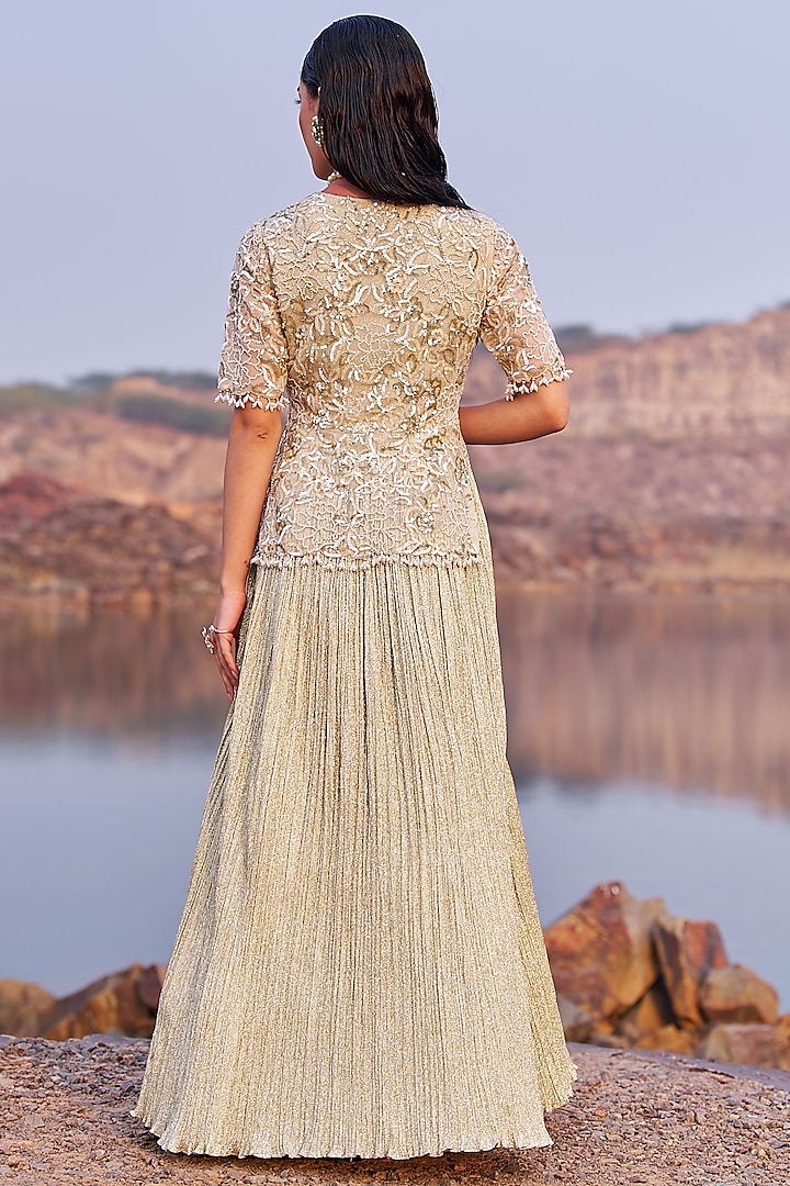 Golden Shimmer & Organza Sequins Embroidered Wedding Anarkali Set by Nidhika Shekhar at Pernia's Pop Up Shop