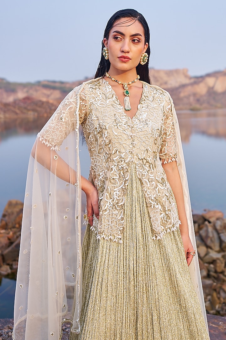 Golden Shimmer & Organza Sequins Embroidered Wedding Anarkali Set by Nidhika Shekhar at Pernia's Pop Up Shop
