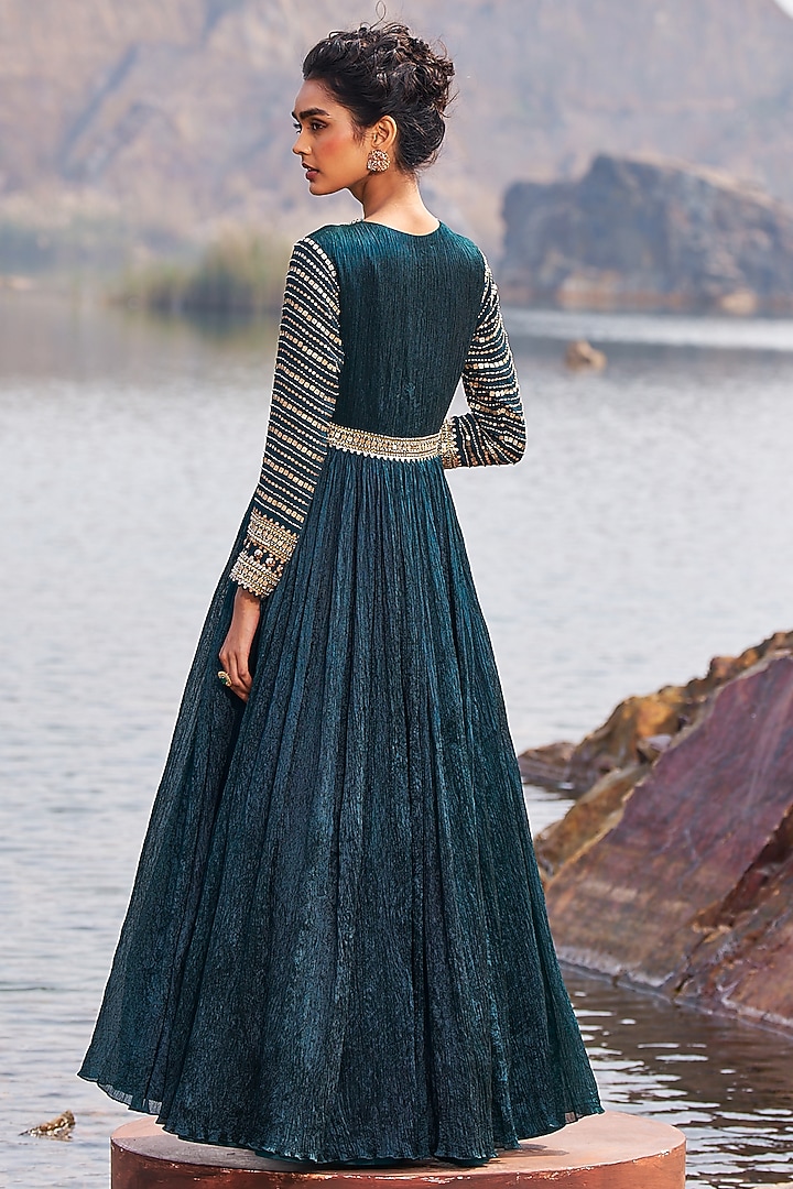 Bottle Green Crinkle Sequins Embellished Wedding Anarkali Set by Nidhika Shekhar at Pernia's Pop Up Shop