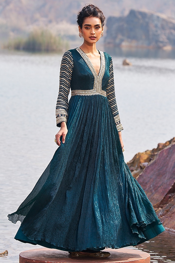 Bottle Green Crinkle Sequins Embellished Wedding Anarkali Set by Nidhika Shekhar at Pernia's Pop Up Shop