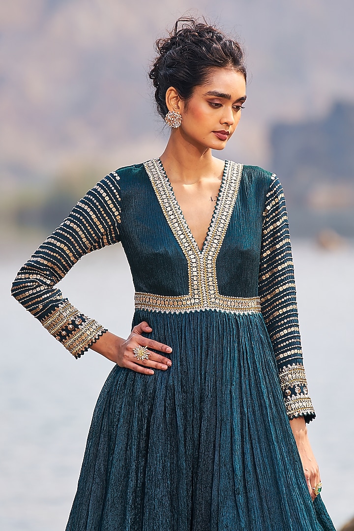 Bottle Green Crinkle Sequins Embellished Wedding Anarkali Set by Nidhika Shekhar at Pernia's Pop Up Shop