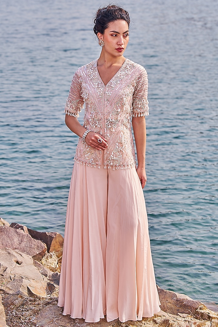 Baby Pink Crepe Wedding Sharara Set by Nidhika Shekhar at Pernia's Pop Up Shop