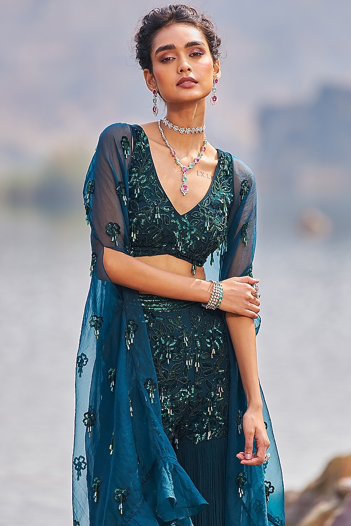 Bottle Green Georgette Wedding Sharara Set by Nidhika Shekhar at Pernia's Pop Up Shop